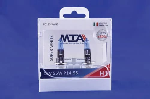 Лампа автомобільна H1 12V 55W P14.5S SUPER WHITE (ближня/дальня, протитуманна) (світло-блакитний) (2шт) MTA