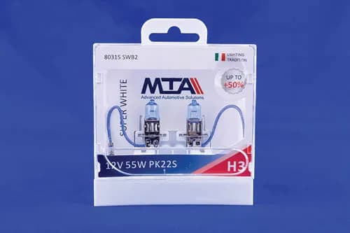 Лампа автомобільна H3 12V 55W PK22S SUPER WHITE (ближня/дальня, протитуманна) (світло-блакитний) (2шт) MTA