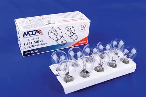 Лампа автомобільна 24V 21/5W BaY15d P21/5W (стоп-сигнали/габарити, ліхтарі заднього ходу, задні протитуманні ліхтарі) (2-х контактна) (10шт) MTA