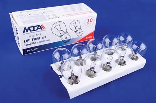 Лампа автомобільна 12V 21W Ba15s P21W (вказівники повороту (перед, зад), стоп-сигнали, габарити, ліхтарі заднього ходу, задні протитуманні ліхтарі) (10шт) MTA - зображення 1