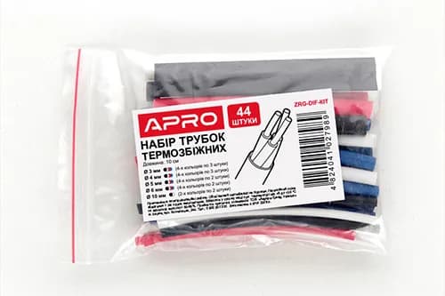 Термозбіжна трубка довжина 10см набір діам. 3, 4, 5, 6, 10мм (чорні, червоні, сині, білі) (44шт) APRO