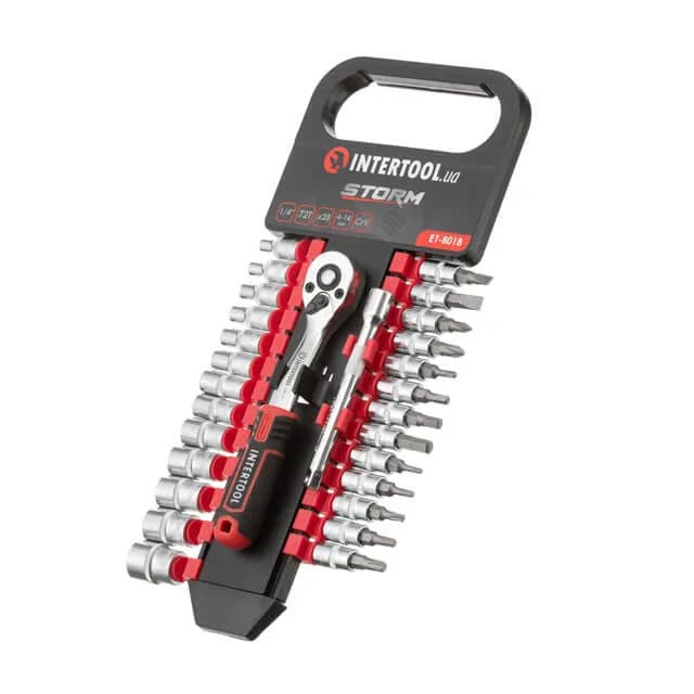 Набір головок і біт STORM, 1/4", Cr-V, 28 од., головки: 4-14 мм, біти: TORX, HEX, PH, SL, тріскачка 72 зуби, подовжувач 100 мм - зображення 1