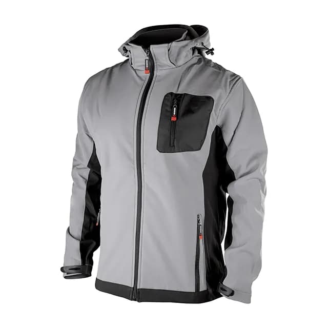 Куртка SOFTSHELL світло-сіро/чорна, з капюшоном, тришарова, стрейч 300 GSM 100D, водо-/вітрозахист, 96% поліестер / 4% еластан, 3 кишені, S