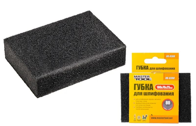 Губка для шліфування MASTERTOOL Р80 100х70х25 мм 08-0308 - зображення 1
