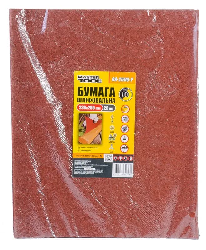 Папір шліфувальний водостійкий MASTERTOOL Р80 230 × 280 мм 20 шт 08-2608-Р