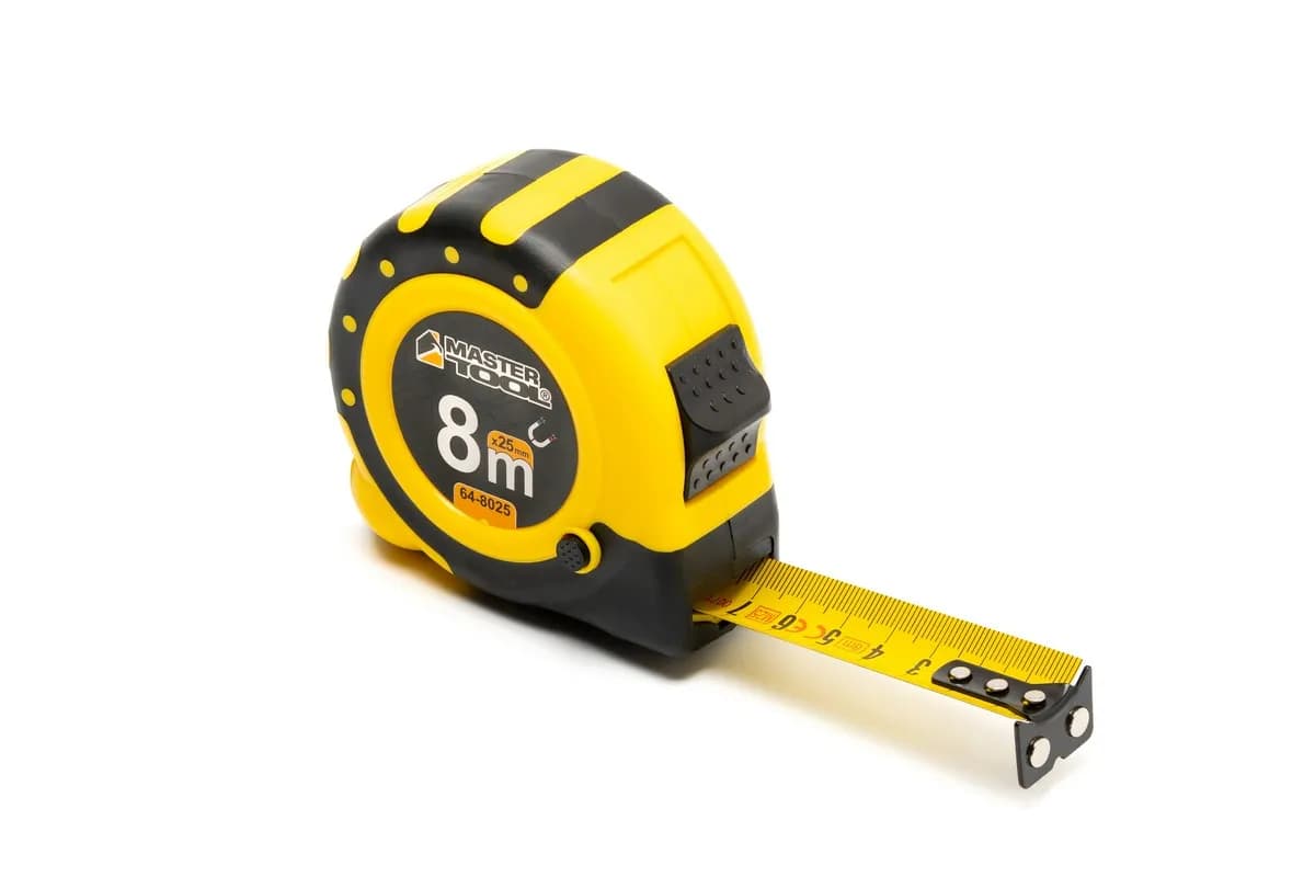 Рулетка MASTERTOOL 8 м×25 мм з магнітами 2 фіксатори кнопка STOP покриття TPR нейлонове покриття 64-8025 - зображення 1