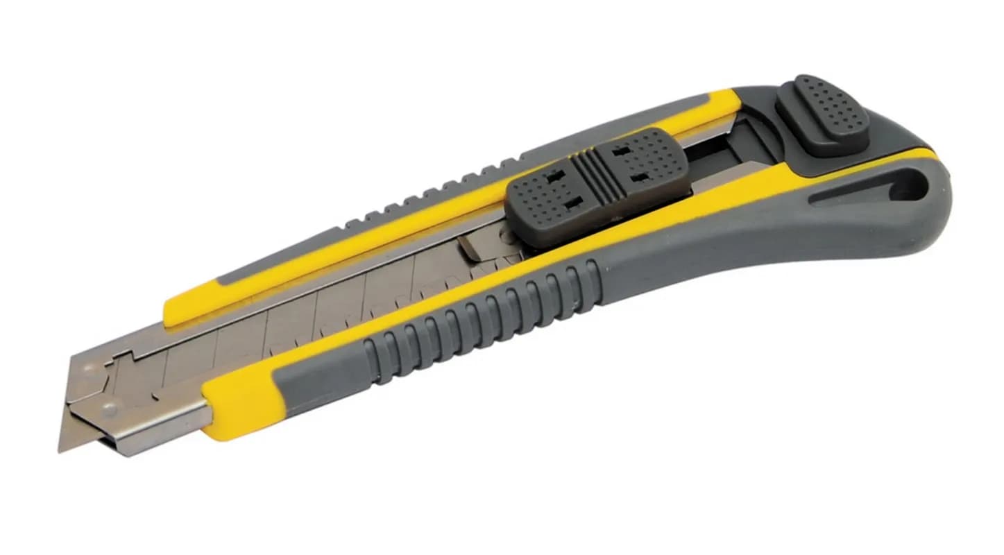 Ніж будівельний MASTERTOOL AUTO з відламним лезом 18 мм ABS пластик з TPR покриттям металева напрямна кнопковий фіксатор 3 леза 17-0183 - зображення 1