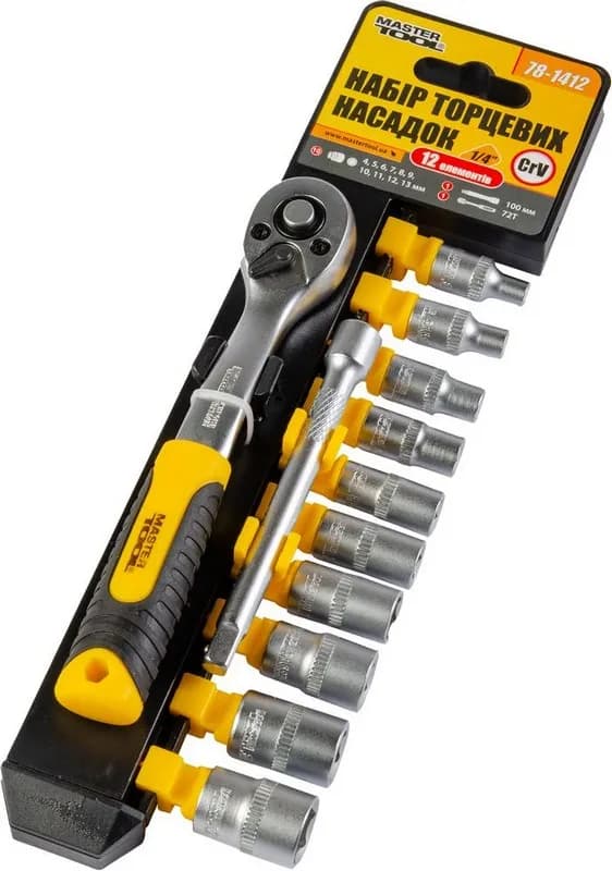 Набір головок торцевих 6-гранних MASTERTOOL ¼" 4-13 мм з тріскачкою 72 зубці подовжувач CrV 12 шт 78-1412 - зображення 1