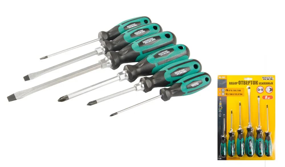 Викрутки MASTERTOOL HEXAGON набір 6 шт PH0х75/PH1х80/PH2х100/SL 4х100/SL6х125/SL8х150 40-1152 - зображення 1