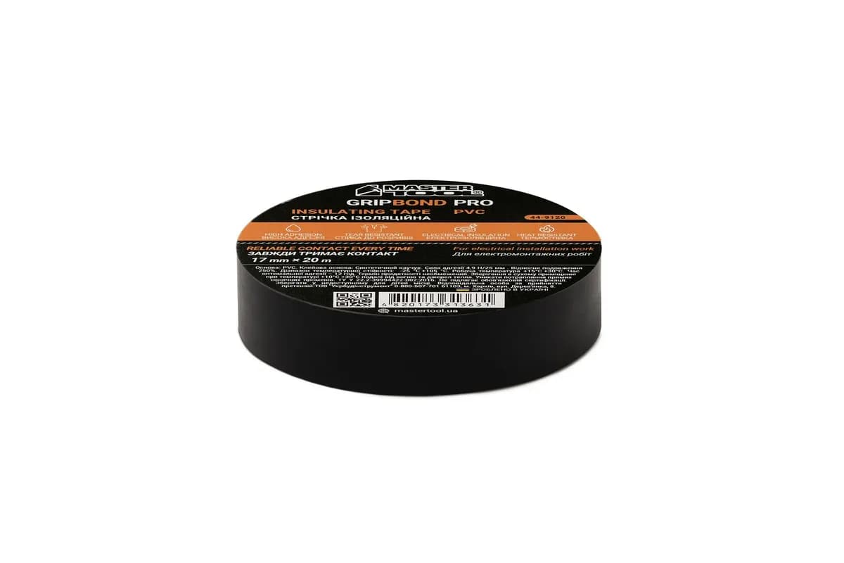 Стрічка ізоляційна MASTERTOOL PVC 17 мм×20 м 10 шт чорна 44-9120 - зображення 1
