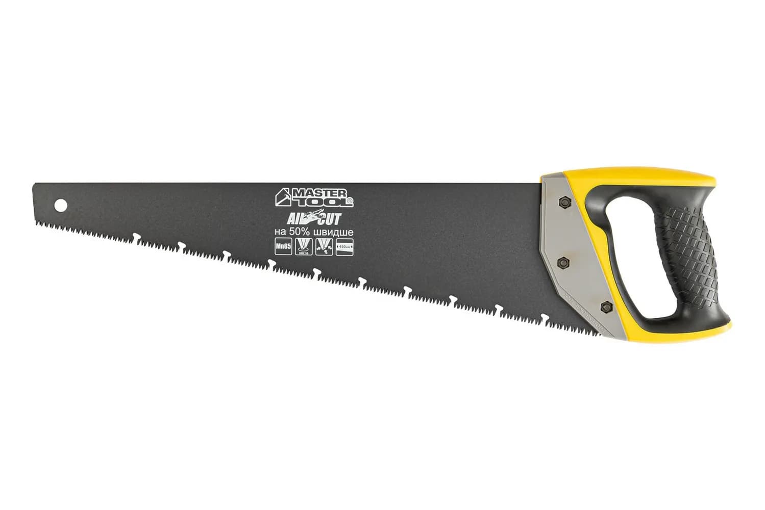 Ножівка столярна MASTERTOOL BLACK ALLIGATOR 450 мм 9TPI MAX CUT загартований зуб 3-D заточування тефлонове покриття 14-2445 - зображення 1