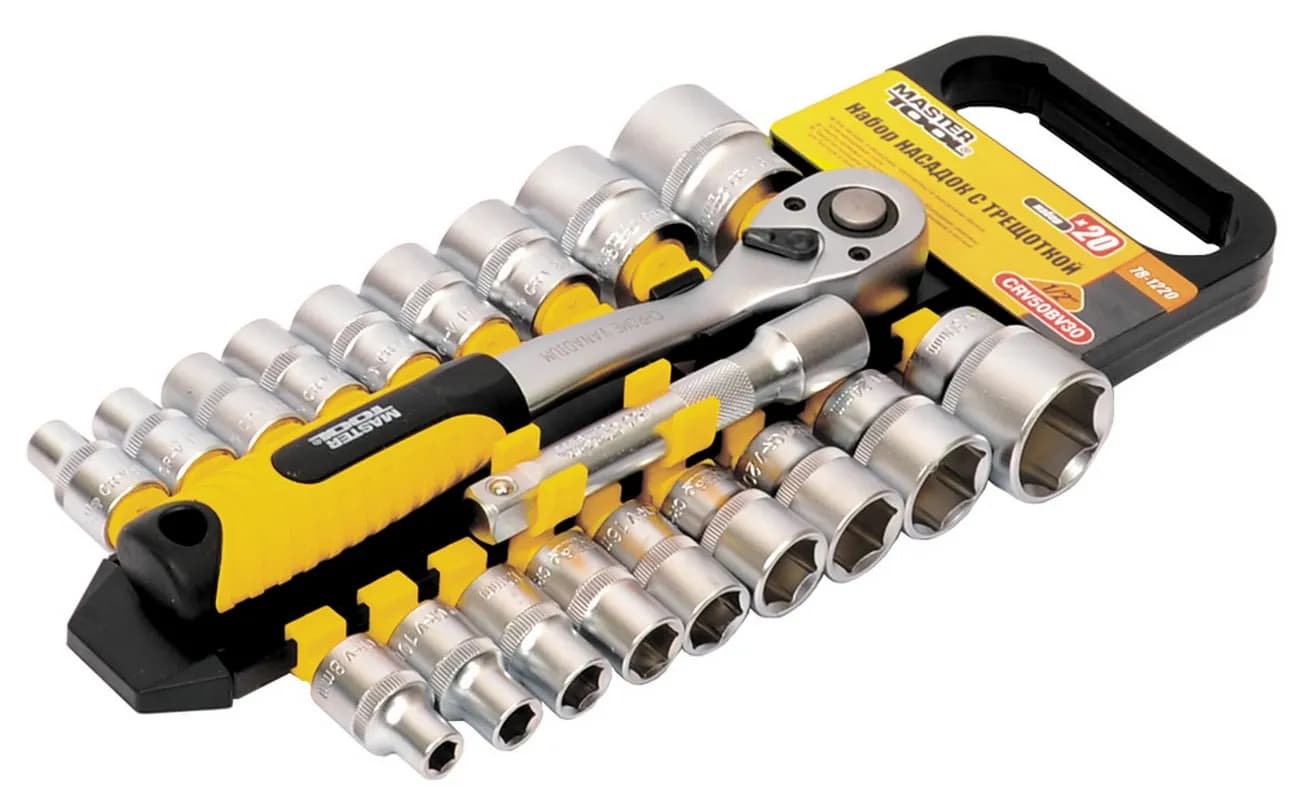 Набір головок торцевих 6-гранних MASTERTOOL ½" 8-32 мм з тріскачкою 72 зубці подовжувач CrV 20 шт 78-1220 - зображення 1