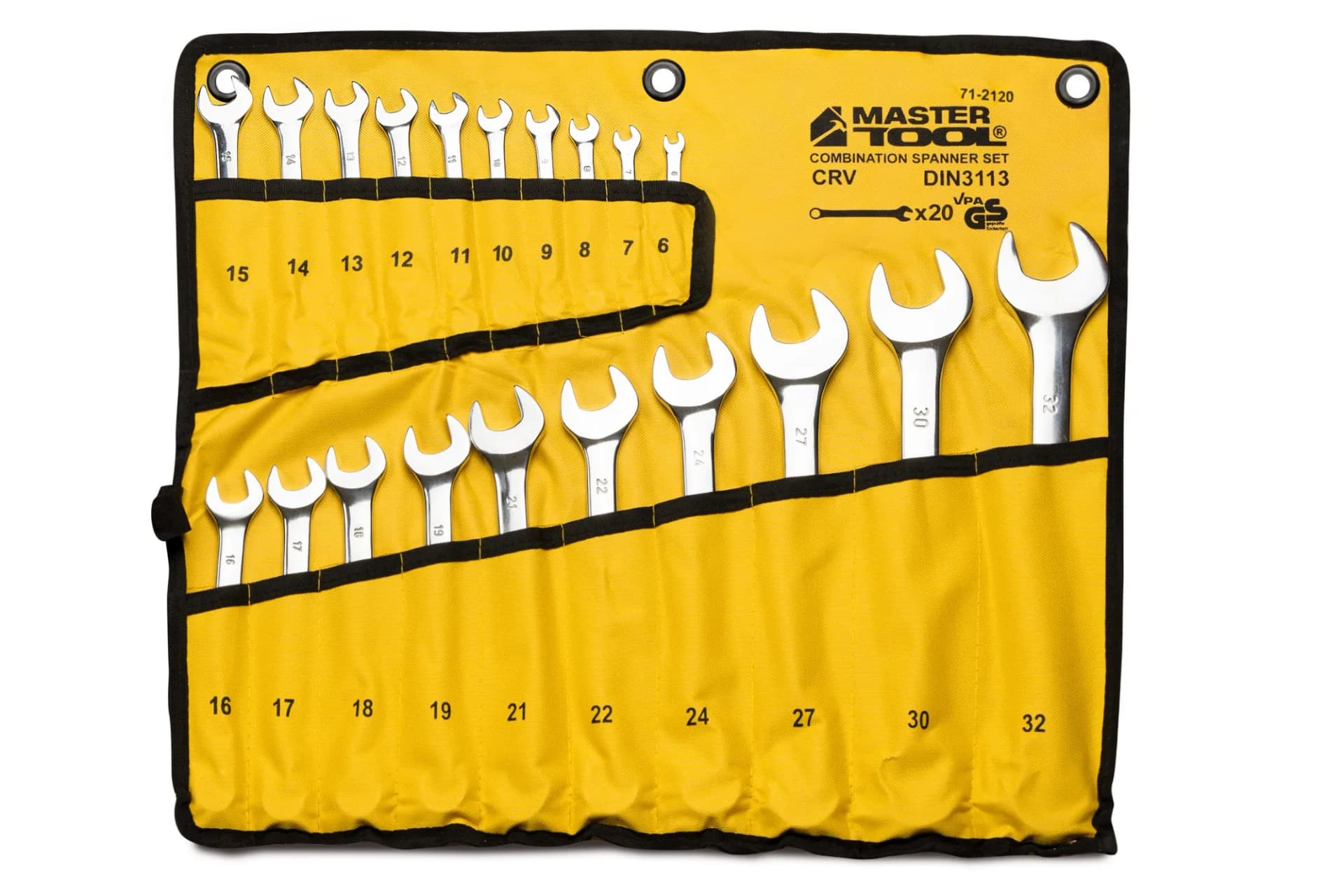 Ключі комбіновані MASTERTOOL SATIN FINISH набір 20 шт (6–19/21/22/24/27/30/32 мм) CrV DIN 3113 у чохлі 71-2120 - зображення 1