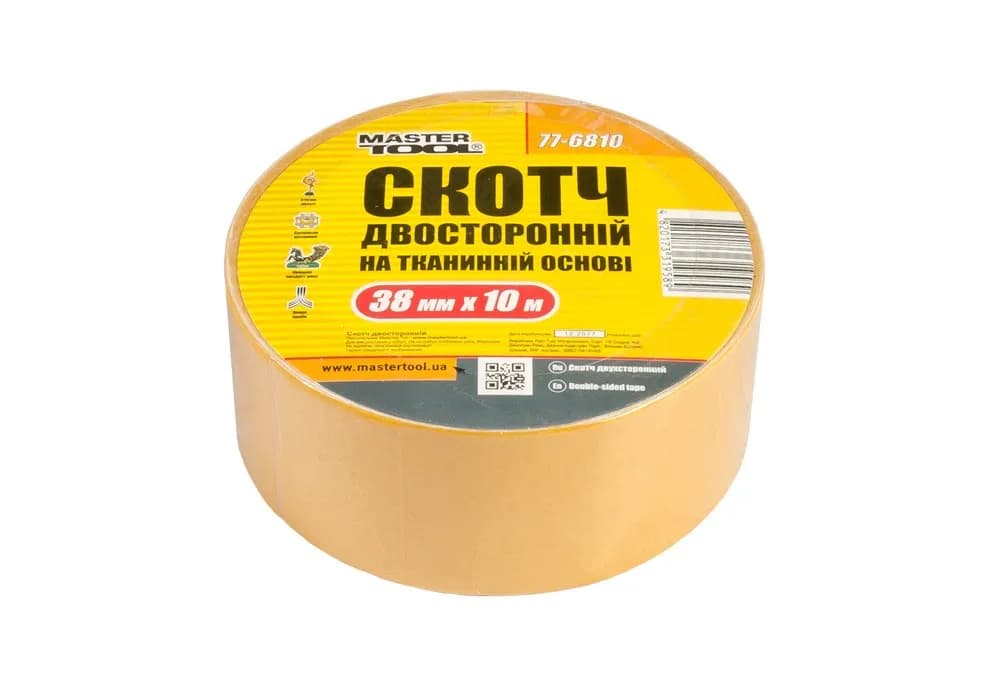 Стрічка двостороння MASTERTOOL на тканинній основі 38 мм×10 м 77-6810