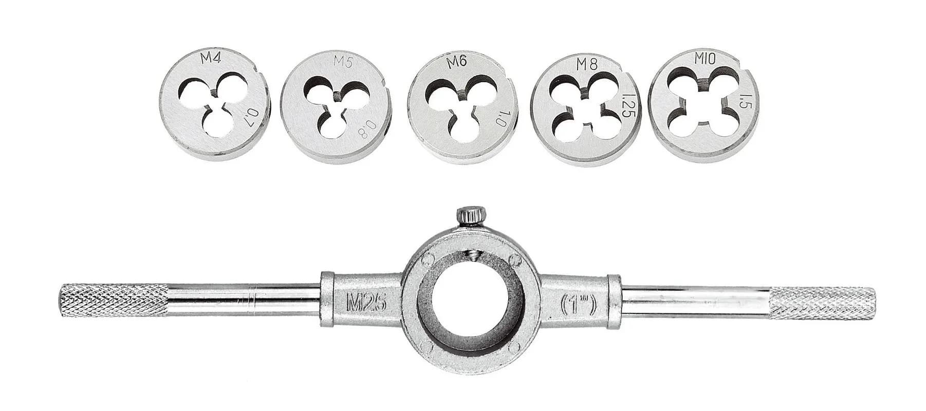 Плашки для нарізання різьби MASTERTOOL M4/M5/M6/M8/M10 з тримачем набір 6 шт 15-0406 - зображення 1