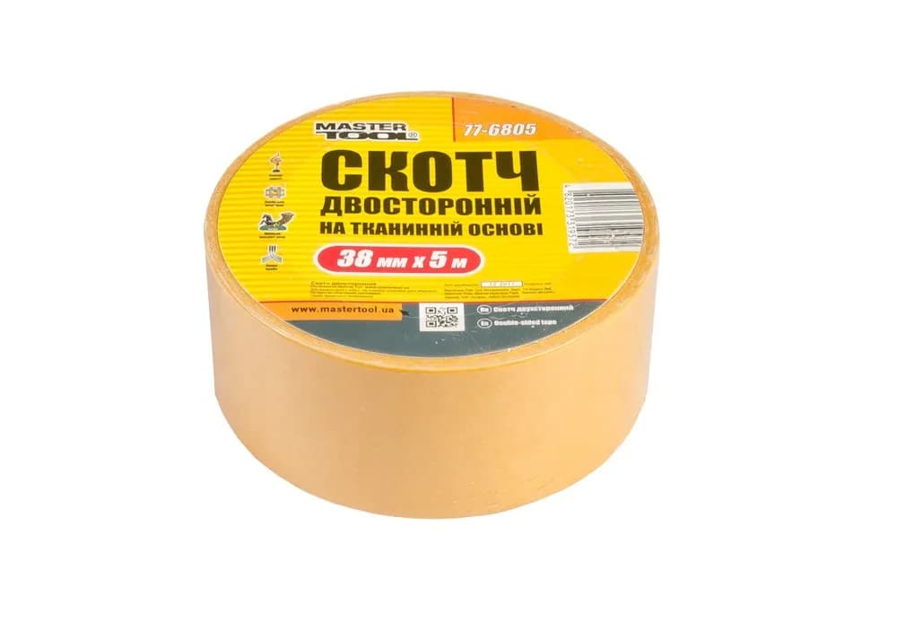 Стрічка двостороння MASTERTOOL на тканинній основі 38 мм×5 м 77-6805