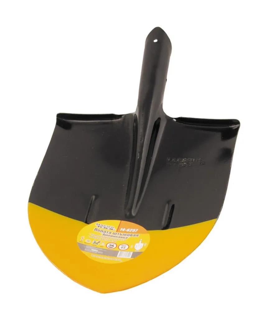 Лопата штикова MASTERTOOL 240 × 290 × 425 мм "Американка", чорно-жовте фарбування, ребра жорсткості 14-6257 - зображення 1