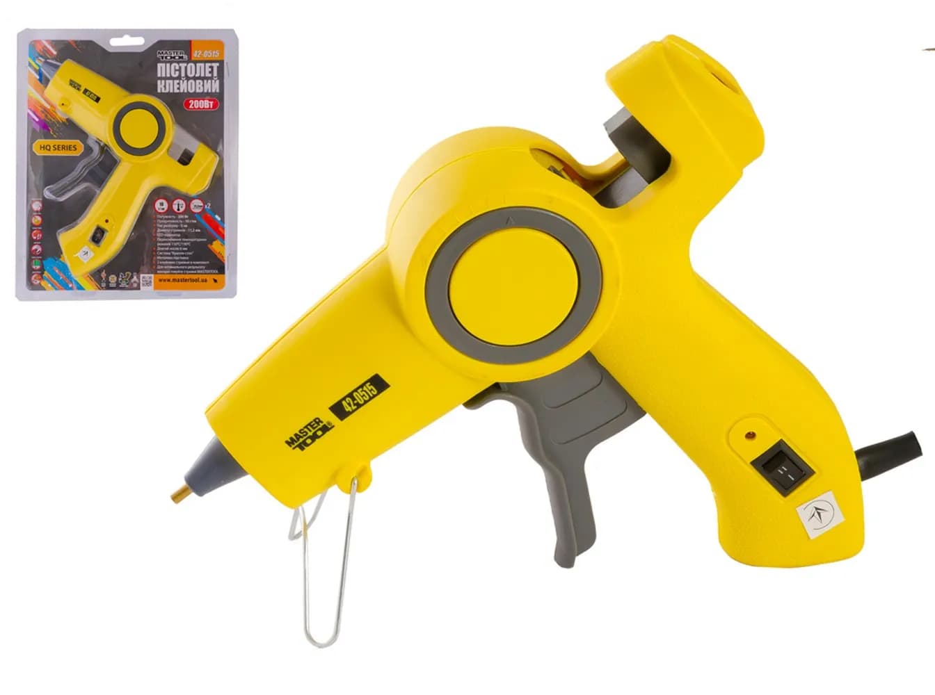 Пістолет клейовий MASTERTOOL Ø 11.2 мм 200 Вт/220 В/50 Гц 10 г/хв "Крапля-Стоп" 2 t-режими LED-індикатор 42-0515 - зображення 1