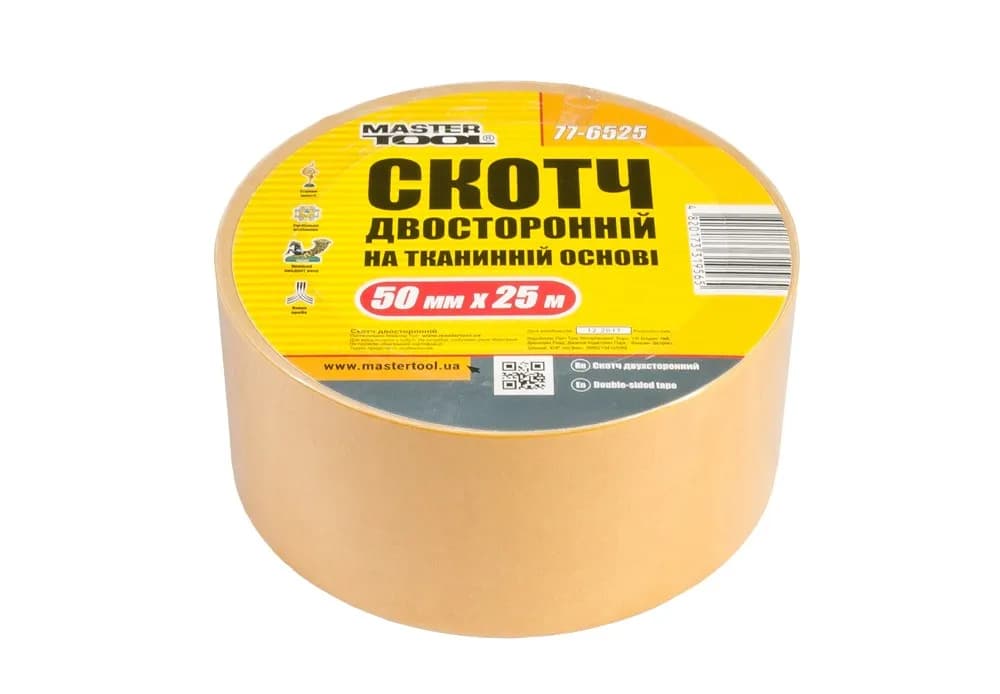 Стрічка двостороння MASTERTOOL на тканинній основі 50 мм×25 м 77-6525 - зображення 1