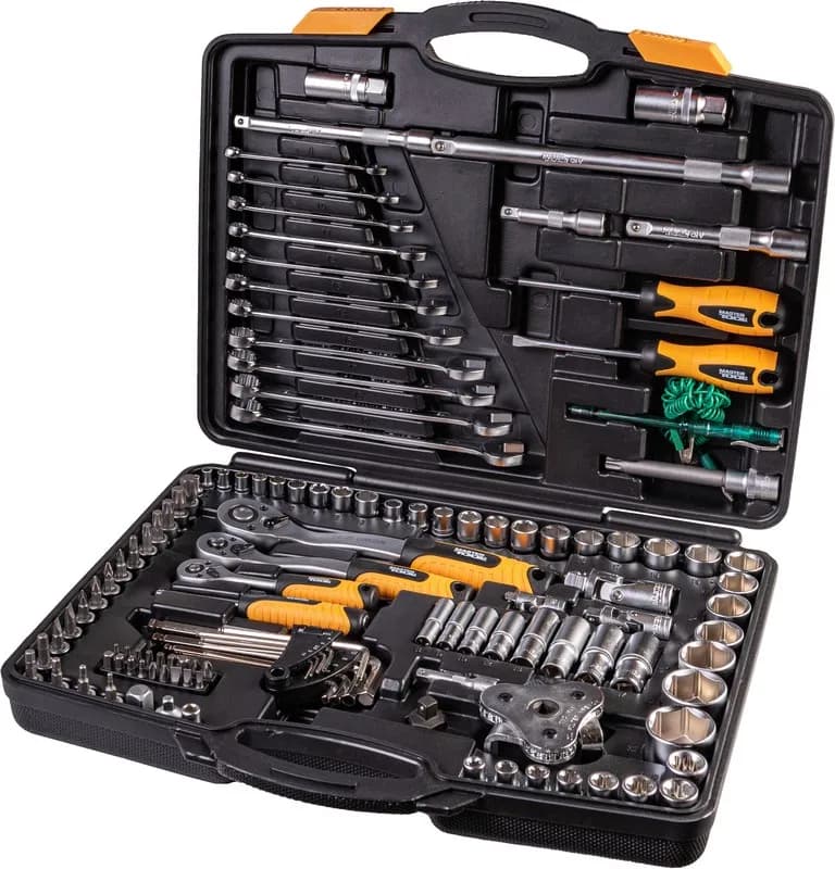 Набір інструментів MASTERTOOL PROFI ¼"&⅜"&½"&TORX 121 шт 4-13 мм 9-19 мм 20-32 мм Е8-Е20 CrV50BV30 протиударний кейс 78-5121 - зображення 1