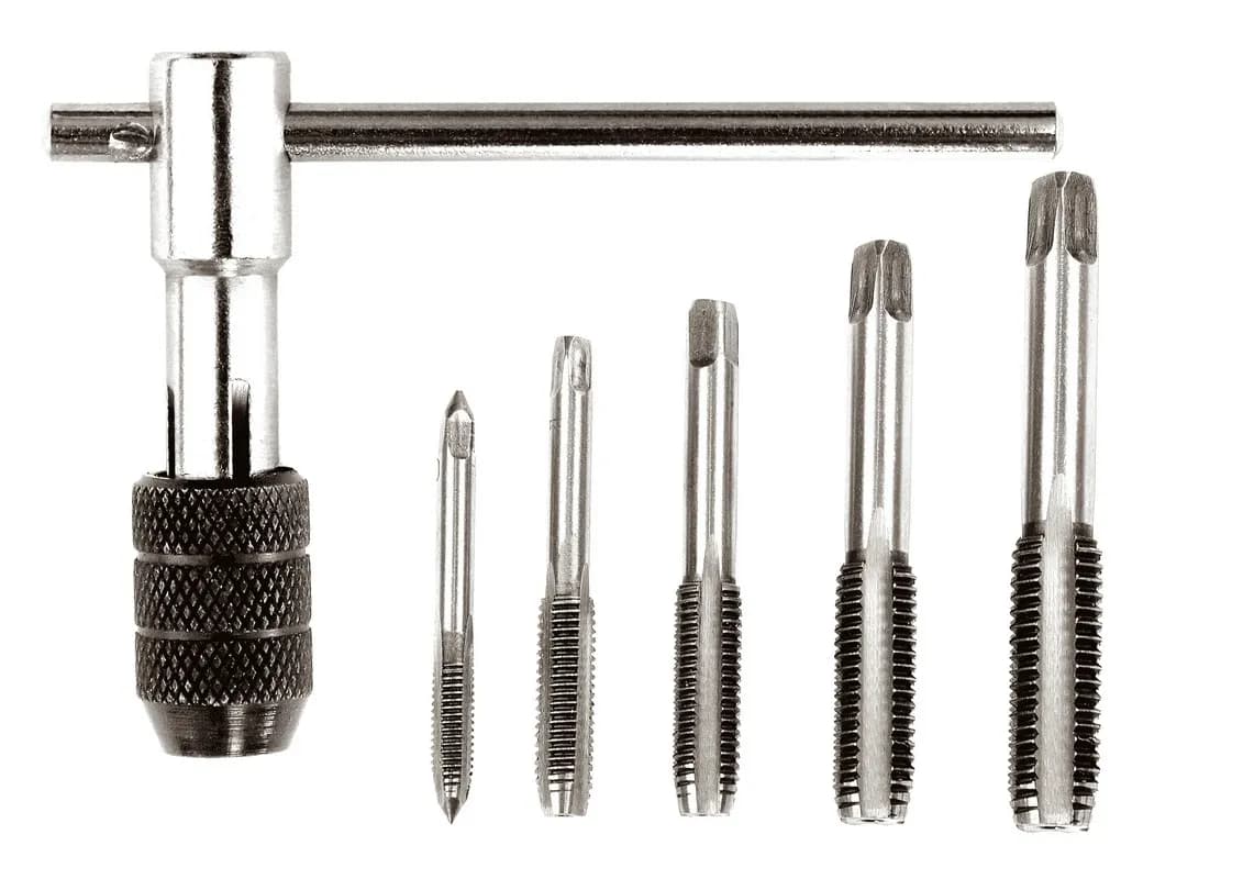 Мітчики для нарізання різьби MASTERTOOL M4/M5/M6/M8/M10 з Т-подібним тримачем набір 6 шт 15-1406
