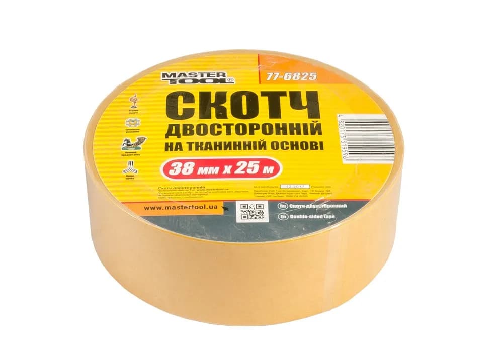 Стрічка двостороння MASTERTOOL на тканинній основі 38 мм×25 м 77-6825