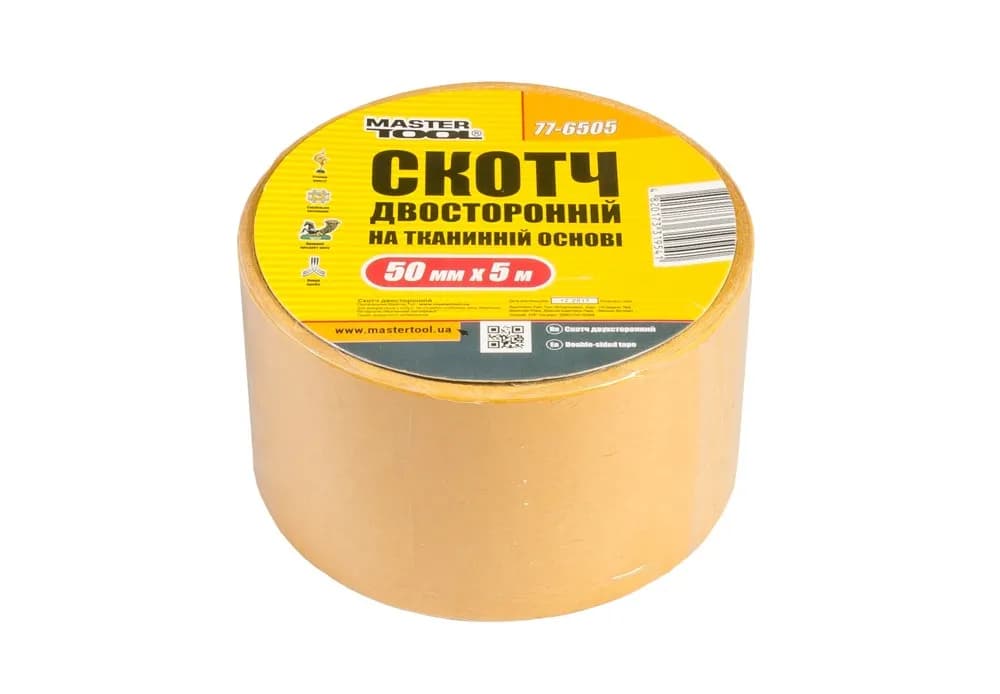 Стрічка двостороння MASTERTOOL на тканинній основі 50 мм×5 м 77-6505