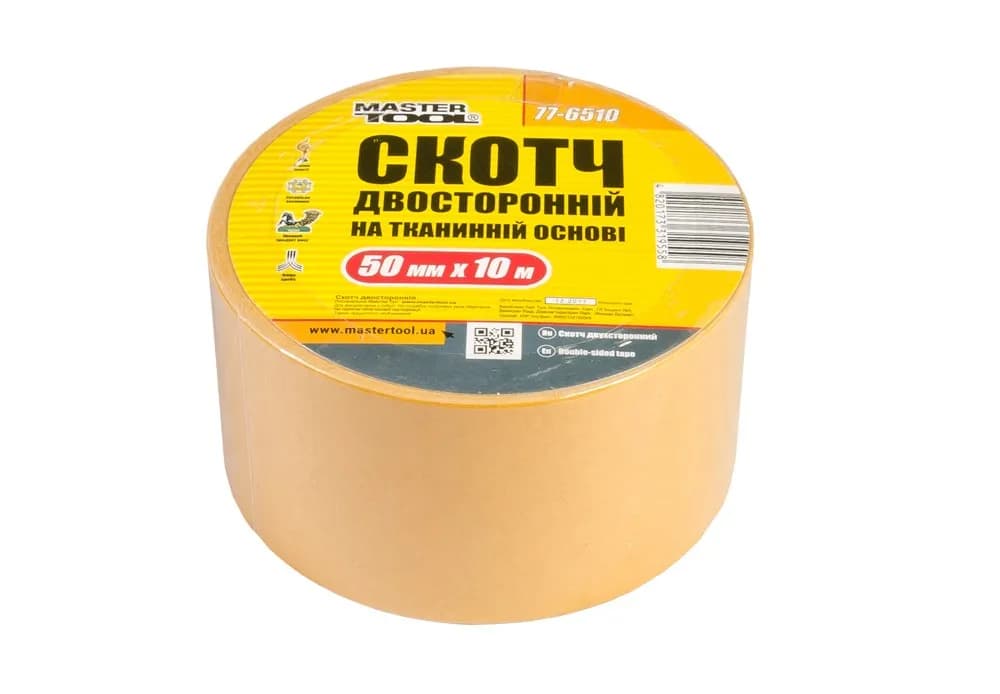 Стрічка двостороння MASTERTOOL на тканинній основі 50 мм×10 м 77-6510
