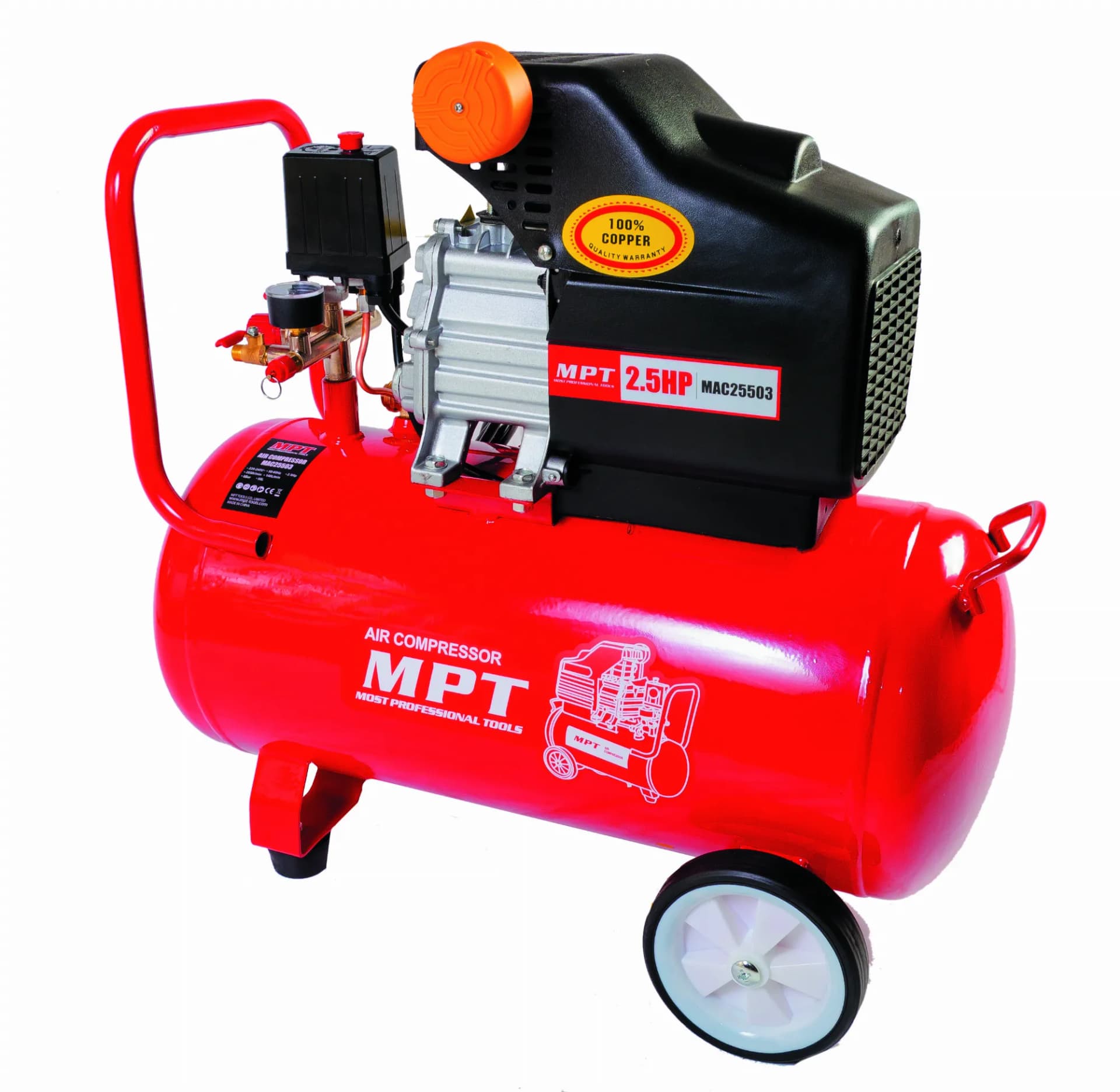 Компресор MPT PROFI 50 л 2000 Вт/2.5 к.с. 2850 об/хв 140 л/хв 8 атм 2 виходи мідна обмотка MAC25503 - зображення 1