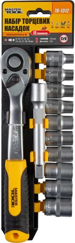 Набір головок торцевих 6-гранних MASTERTOOL ½" 8-19 мм з тріскачкою 72 зубці подовжувач CrV 12 шт 78-1312 - зображення 1