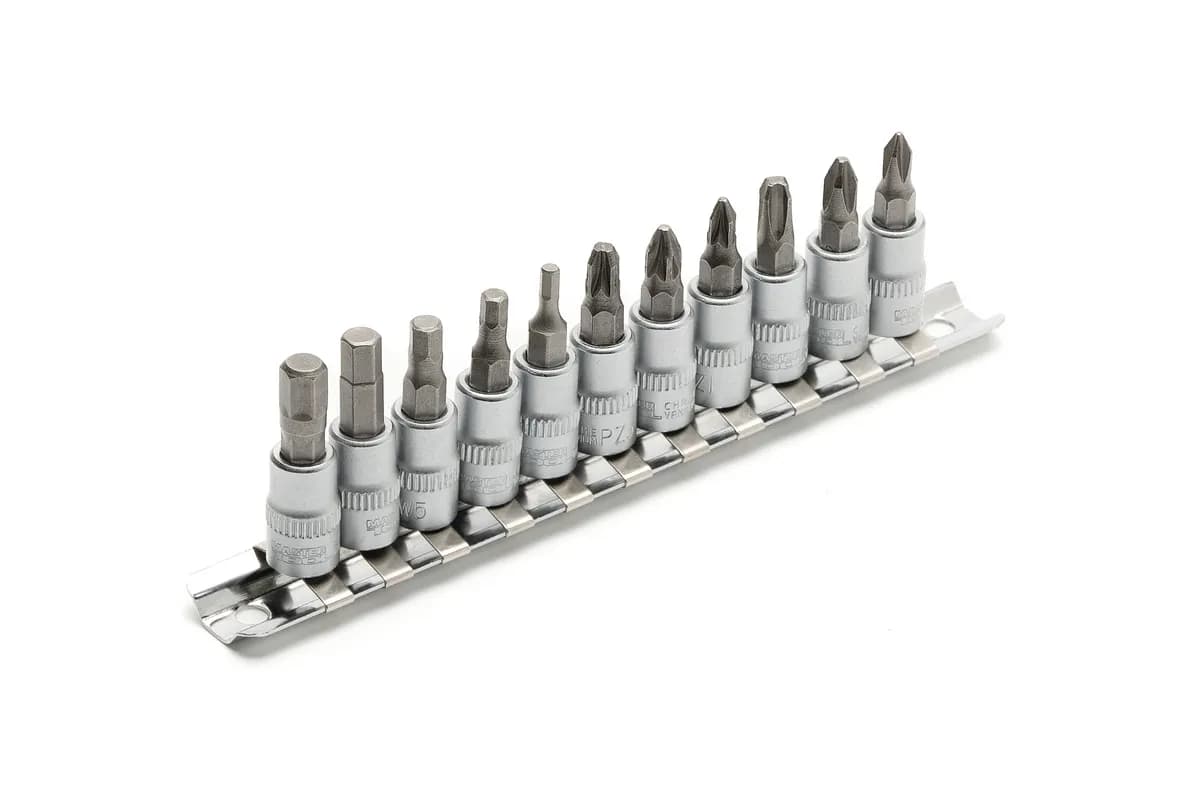 Набір головок торцевих MASTERTOOL ¼" з викрутковими насадками PH1-2-3/ PZ1-2-3/ HEX3-4-5-6-7 CrV 11 шт 78-1401 - зображення 1