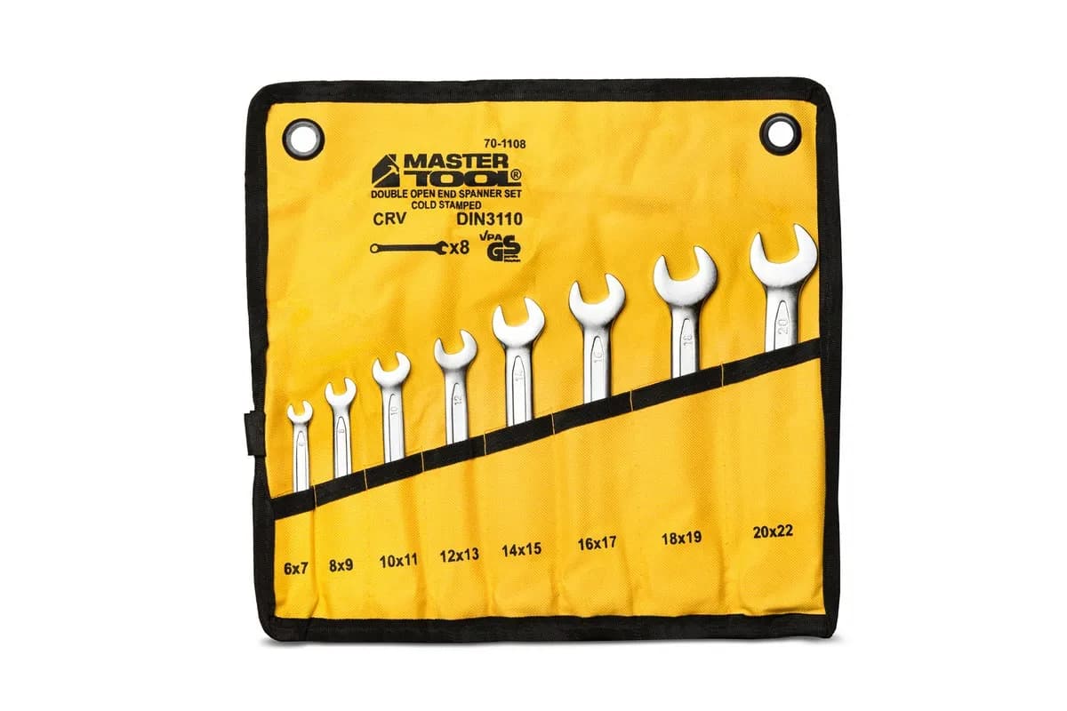 Ключі ріжкові MASTERTOOL COLD FORGED набір 8 шт (6–20/22 мм) 31CrV3 DIN 3110 у чохлі 70-1108