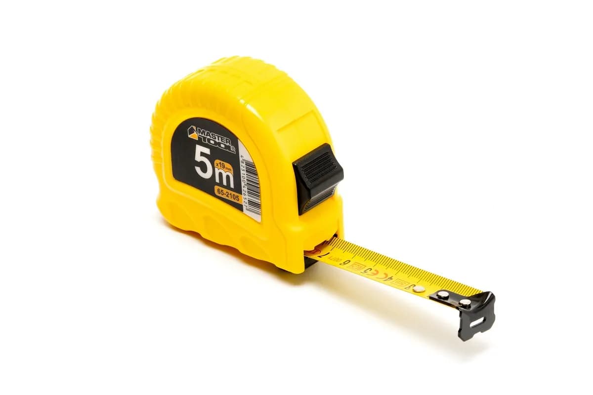 Рулетка MASTERTOOL 5 м×19 мм фіксатор полотна кнопка STOP протиковзний гачок 65-2105 - зображення 1
