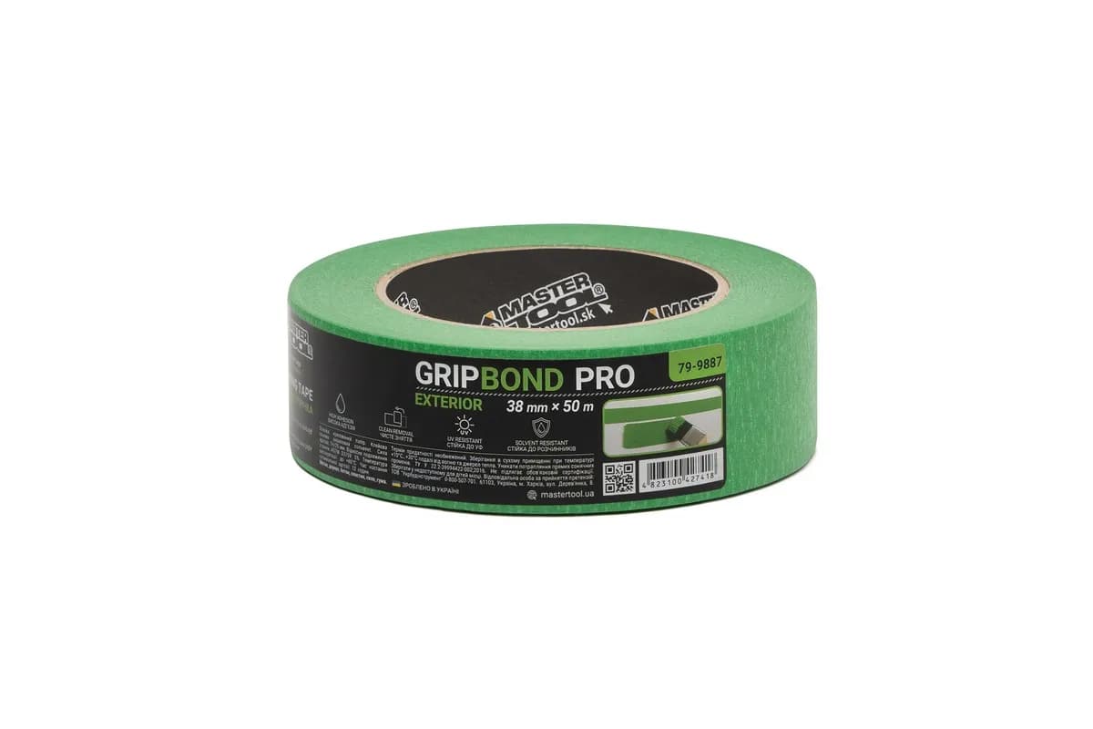 Стрічка малярна для грубих робіт MASTERTOOL GripBond Pro Exterior 38 мм×50 м зелена 79-9887