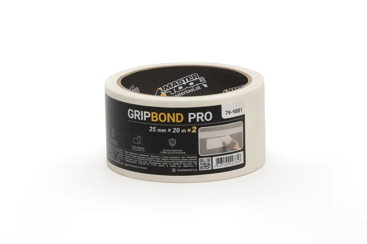 Стрічка малярна універсальна MASTERTOOL GripBond Pro 25 мм×20 м 2 шт біла 79-9881