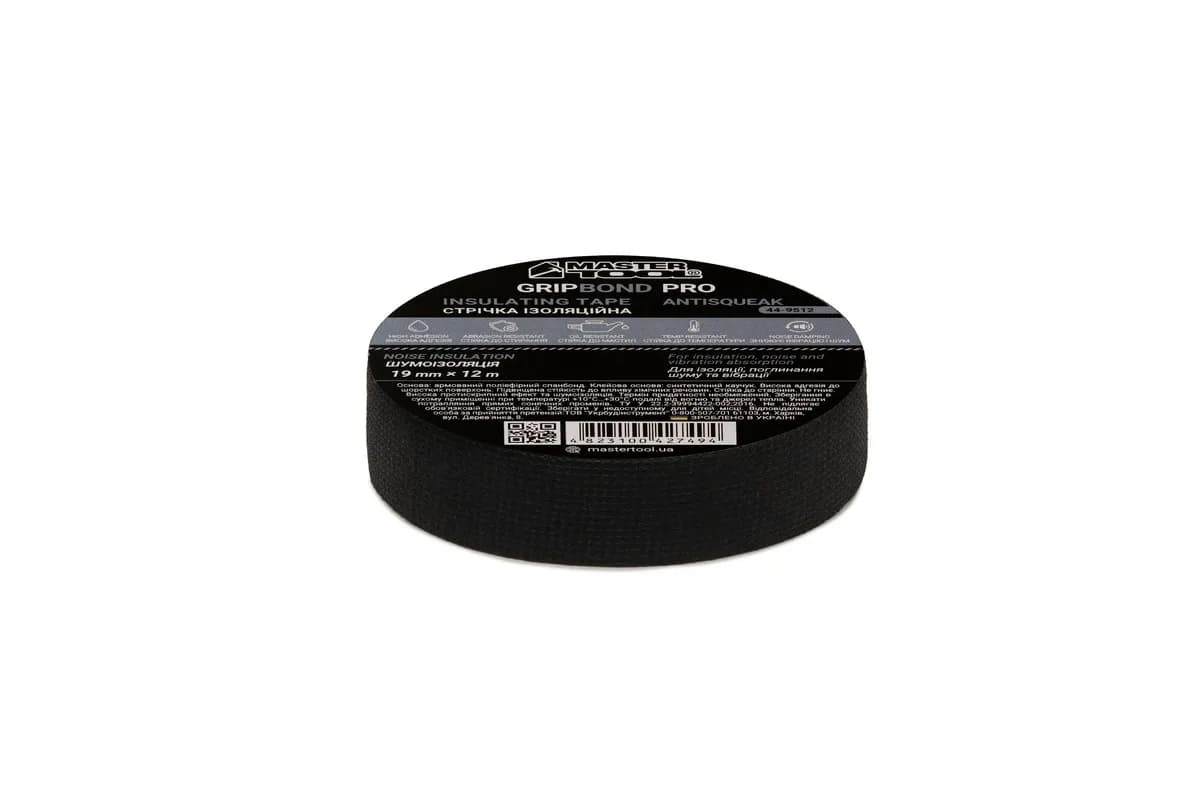 Стрічка ізоляційна MASTERTOOL GripBond Pro AntiSqueak текстильна 19 мм×12 м чорна 44-9512 - зображення 1