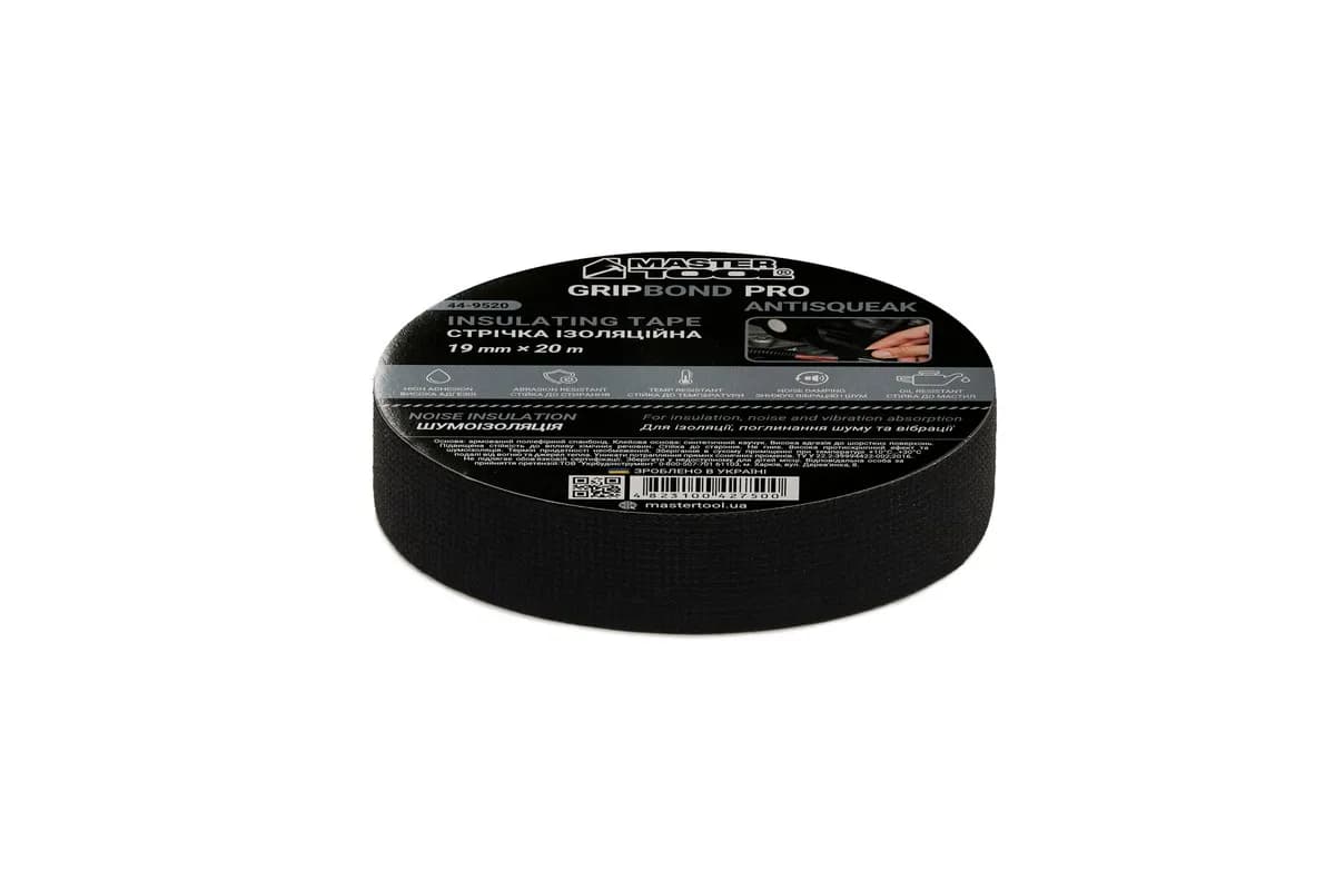 Стрічка ізоляційна MASTERTOOL GripBond Pro AntiSqueak текстильна 19 мм×20 м чорна 44-9520