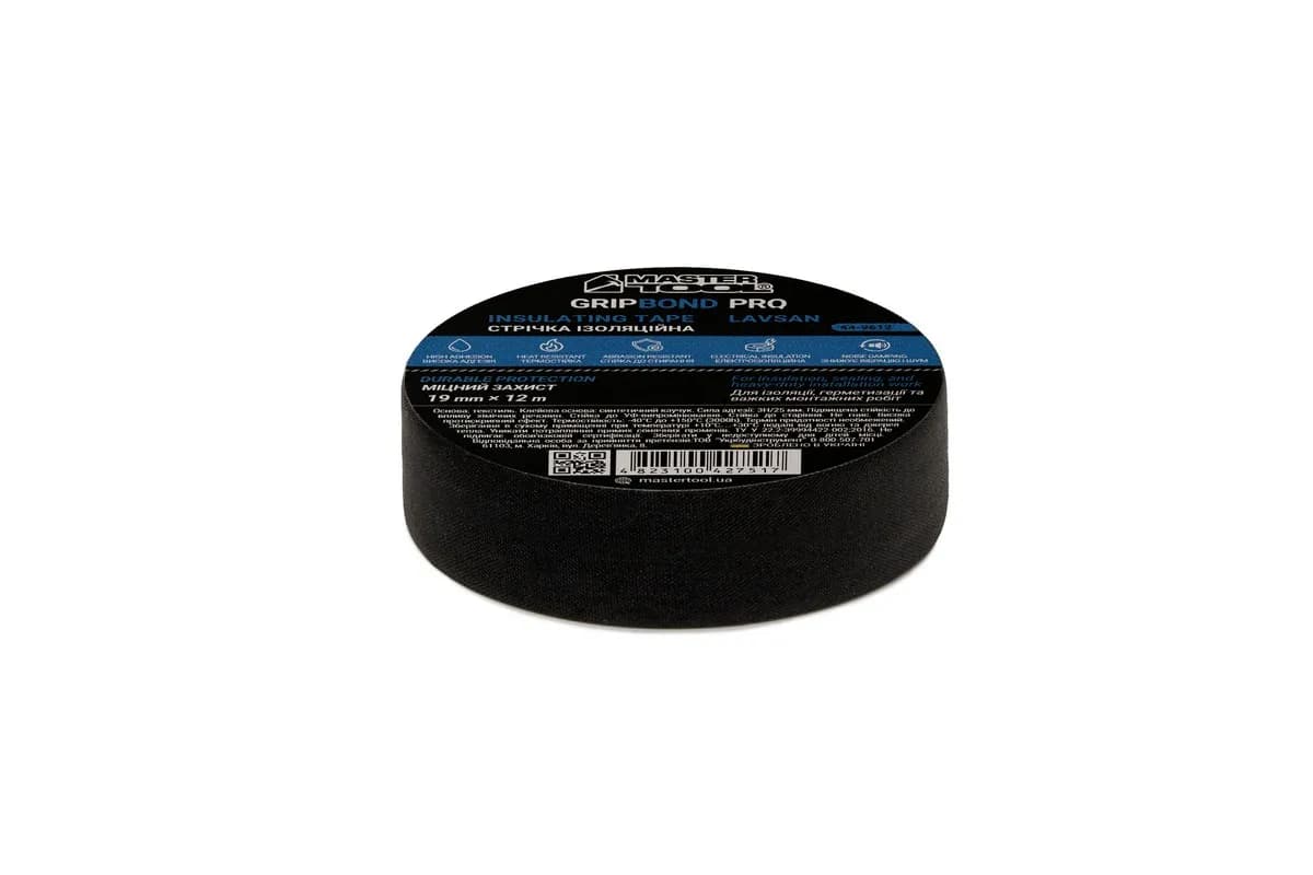 Стрічка ізоляційна MASTERTOOL GripBond Pro Lavsan текстильна 19 мм×12 м чорна 44-9612 - зображення 1