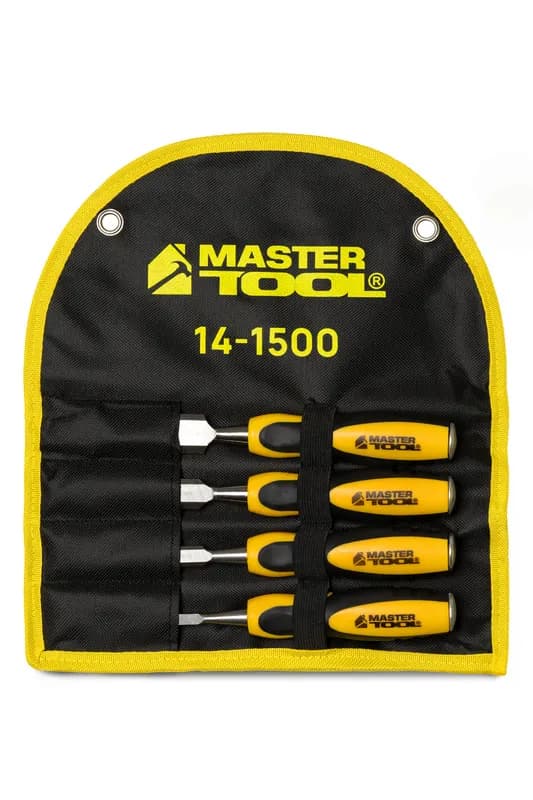 Набір плоских ударних стамесок для дерева MASTERTOOL з двокомпонентними ручками 6/12/18/24 мм CrV, 4 шт., у чохлі 14-1500 - зображення 1