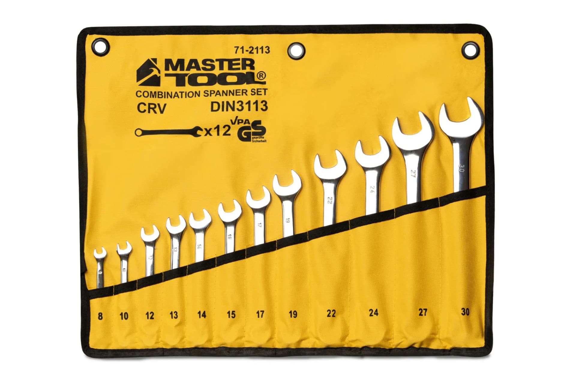 Ключі комбіновані MASTERTOOL SATIN FINISH набір 12 шт (8/10/12/13/14/15/17/19/22/24/27/30 мм) CrV DIN 3113 у чохлі 71-2113 - зображення 1