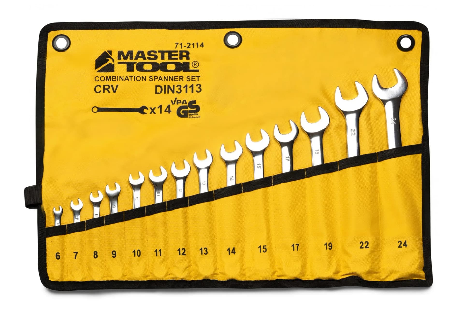 Ключі комбіновані MASTERTOOL SATIN FINISH набір 14 шт (6–15/17/19/22/24 мм) CrV DIN 3113 у чохлі 71-2114 - зображення 1