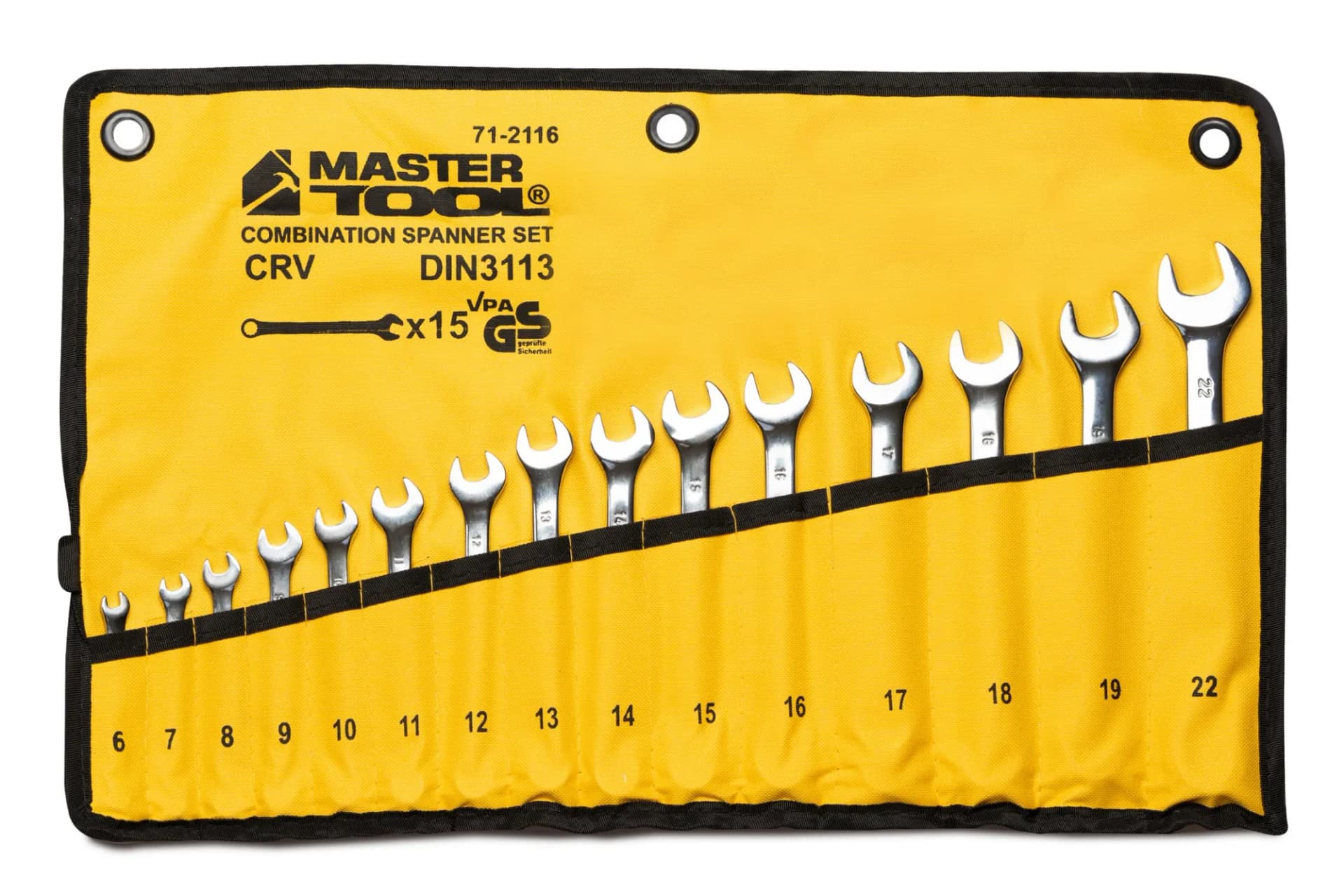 Ключі комбіновані MASTERTOOL SATIN FINISH набір 15 шт (6–19/22 мм) CrV DIN 3113 у чохлі 71-2116 - зображення 1